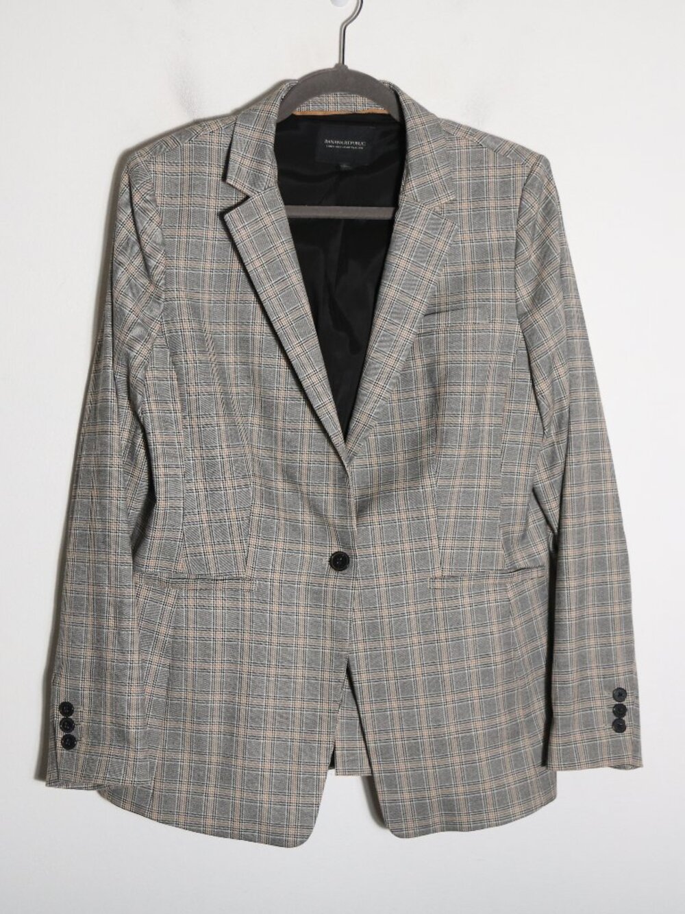 Banana Republic Long and Lean Blazer Womens 12 Houndstooth Plaid Preppy Stretch